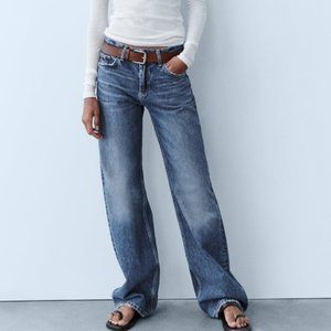 Zara Size 14 | Full-length TRF Mid-Rise Wide Leg Jeans in Navy Blue